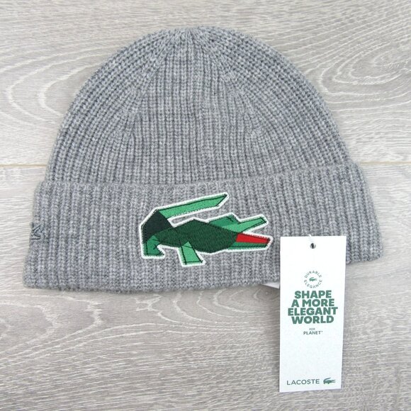 Lacoste Crocodile Big Patch Grey Wool Beanie Cap One Size NEW - Picture 3 of 13
